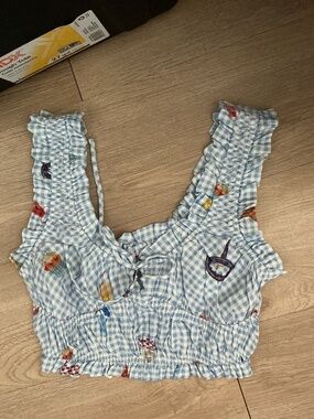 Anthropologie Light Blue Gingham Smocked Crop Top with Playful Motifs
